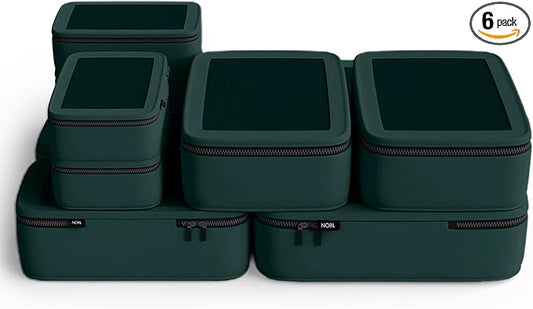 NOBL Travel Compressible Packing Cubes Set, 6 Pieces Travel Packing Organizers, Compression Luggage Cubes for Suitcases & Carry On, Space Saving (XXS, XS, S, M, L, XL) - Forest Green