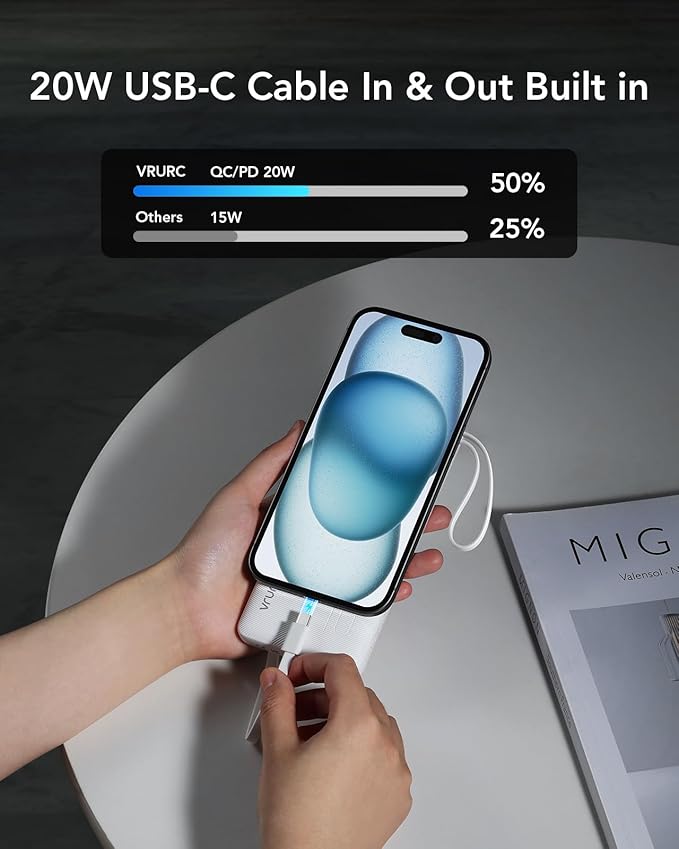 VRURC Power Bank for iPhone, 10000mAh USB C in & Out Cord Portable Charger, 22.5W Fast Charging Phone Charge with Built-in Cables, Slim Lightweight Charging Bank Travel Essentail-White(1 Pack)