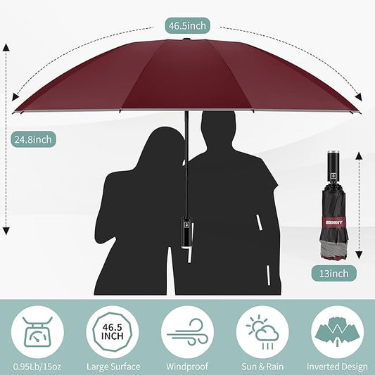 Seniny Inverted Travel Umbrella, Automatic Umbrellas for Rain, Windproof Compact Umbrella with Reflective Stripe, Folding UV Umbrella Sun Umbrella, Portable Large Umbrella for Backpack, Lightweight