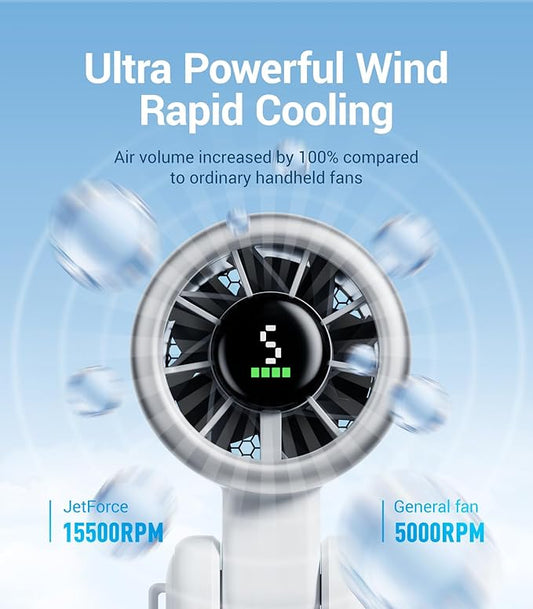 Diveblues Portable Handheld Turbo Fan, 5 Gear Wind, Battery Operated, Up to 12 Working Hours, 3 IN 1 Hand Fan with Air Turbo Tech Cooling Fan for Outdoor Activities, Travel, Working, Silvery white
