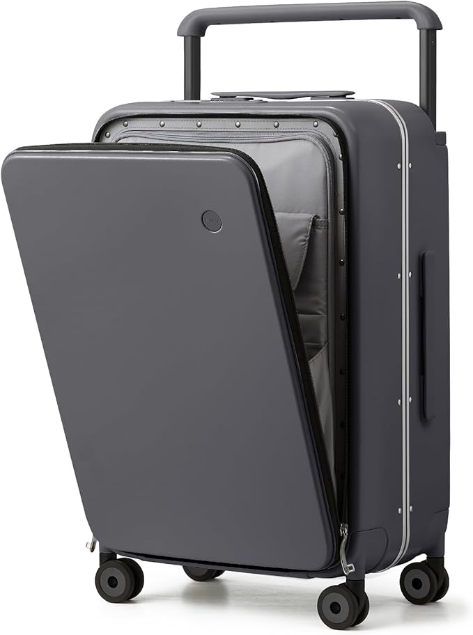 mixi Checked Luggage Wide Handle Luxury Design Rolling Travel Suitcase PC Hardside with Aluminum Frame Hollow Spinner Wheels, with Cover, 24 inch, Rock Grey