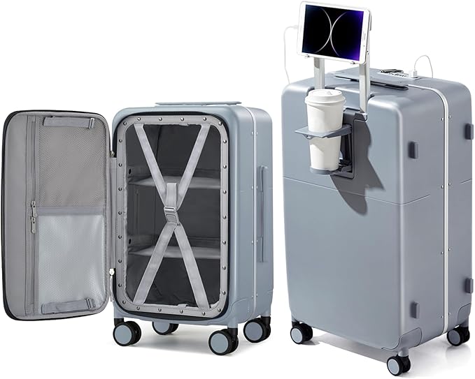 Hanke 28 Inch Luggage with Cup Holder and Charge,Top Opening Hard Shell Suitcases with Wheels and Dividers,Aluminum Frame Trunk Luggage Extra Large Suitcase with Lock for Travel,Gray