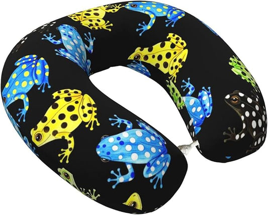 Travel Neck Pillows for Sleeping Rest Car Airplanes Tropical Frogs Black, Memory Foam with Removable Breathable Zipper Cover Washable for Men Women