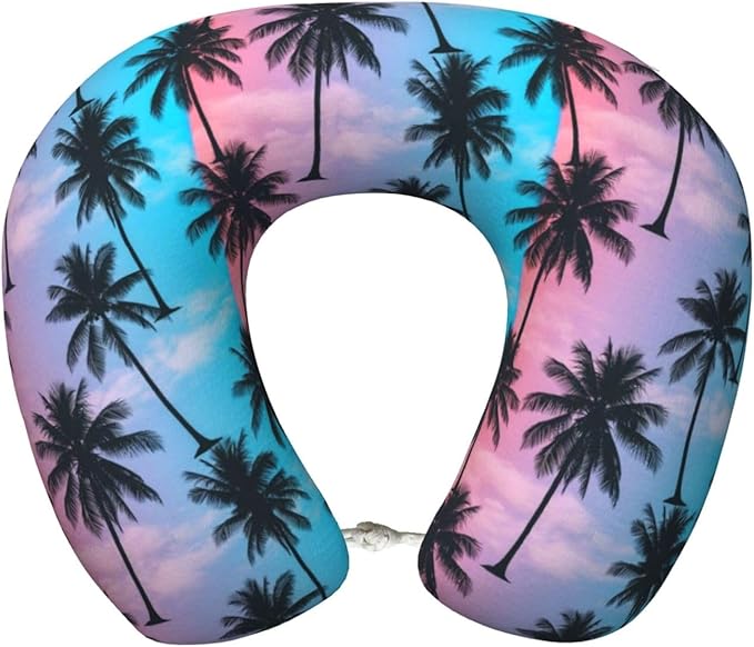 Travel Pillow Chin Neck Support, Comfortable Airplane Car Pillows for Rest, Memory Foam U Shaped Office Home Nap Sleeping Cushion Purple Sky Palm Trees