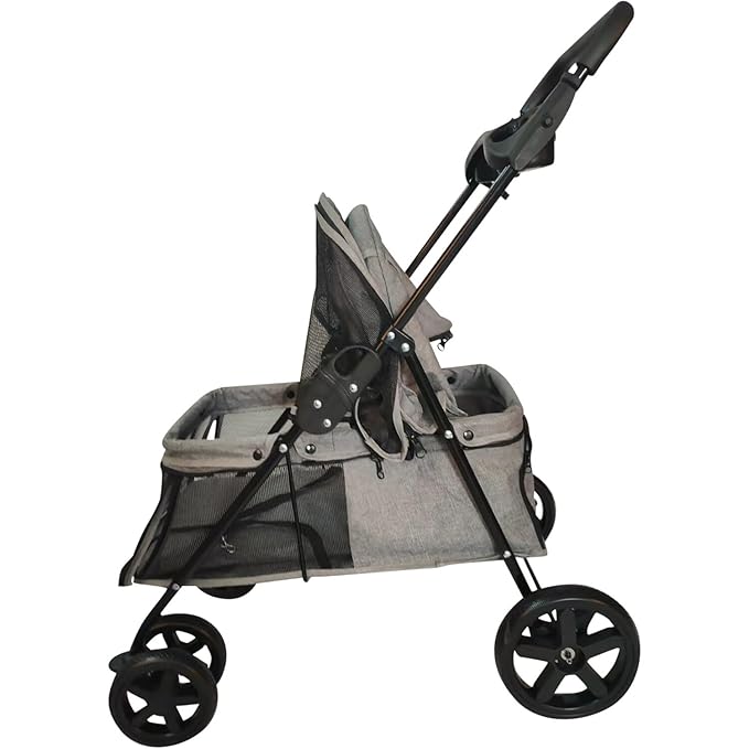 Critter Sitters Grey Foldable Pet Stroller for Small Dogs/Cats with Breathable Scratch Resistant Mesh Windows, Cup Holders, Storage Pockets, Lockable Wheels, Safety Leash, Animal Stroller