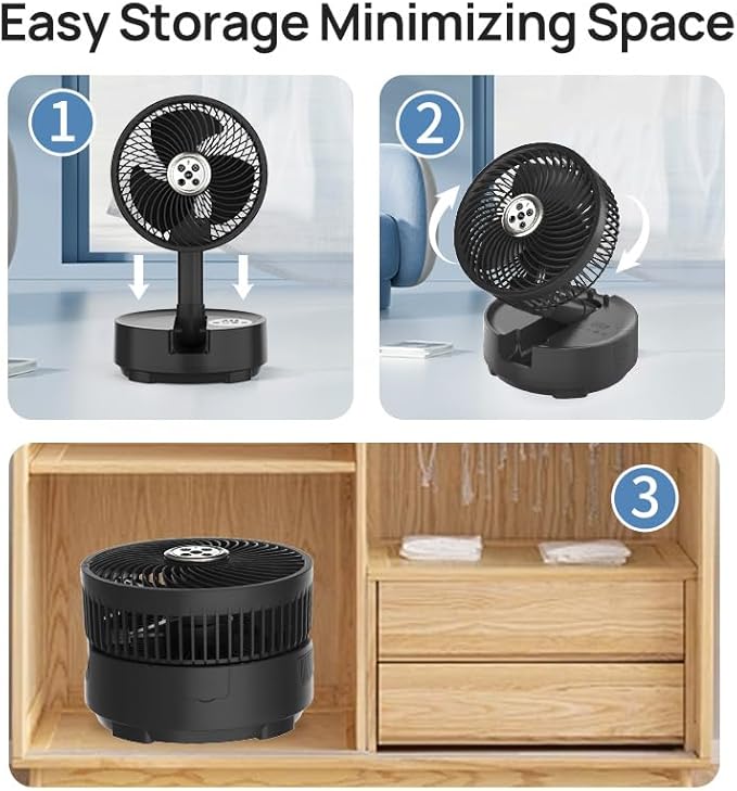 8 inch Portable Fan - Wireless Battery Operated Fan - LED Lighting - Carry Case & Remote Control - Cruise Travel - Outdoor Travel RV Power Bank With USB-C Port (Black with Case)