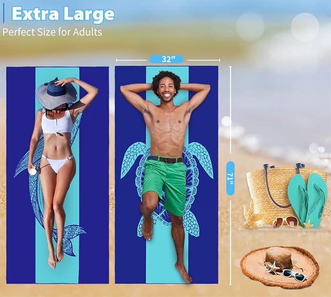 2 Pack Microfiber Lightweight Beach Towel 71"x32" Oversized Extra Large Thin Sand Free Towels Travel Swim Pool Yoga Gym Camping for Adults Women Men Beach Essentials Accessories Vacation Gift