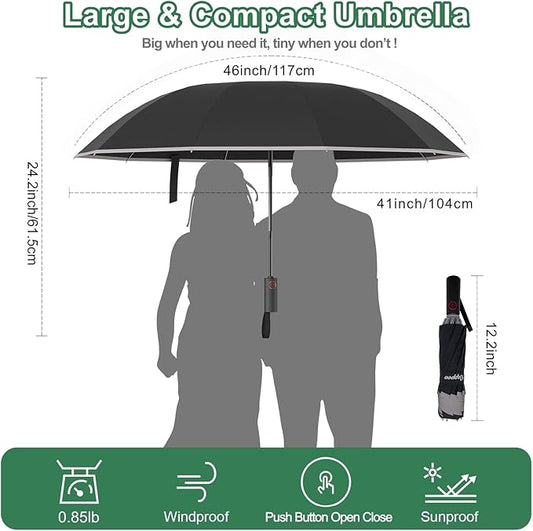 Rappeo 4-in-1 Inverted Travel Umbrella Compact, Automatic Large Umbrellas for Rain & Sun, Portable Windproof Umbrella for Backpack, Reverse Folding Umbrella for UV with Reflective Strips,Lightweight