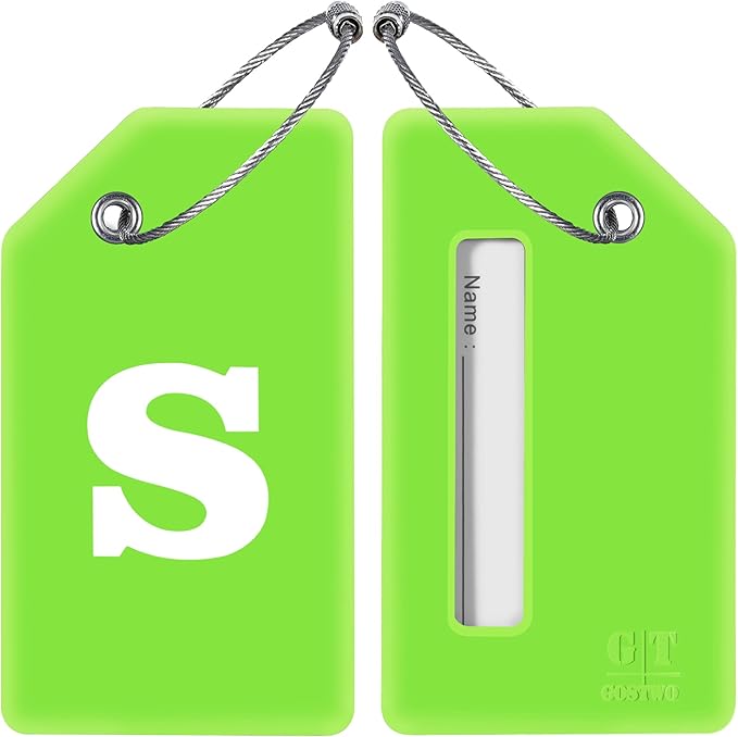 Gostwo 2 Pack Silicone Luggage Tags for Suitcases, 26 Initial Letter Baggage Labels Handbag School Bag Suitcase Instrument Tag with Stainless Steel Loop(Green)(Letter S)