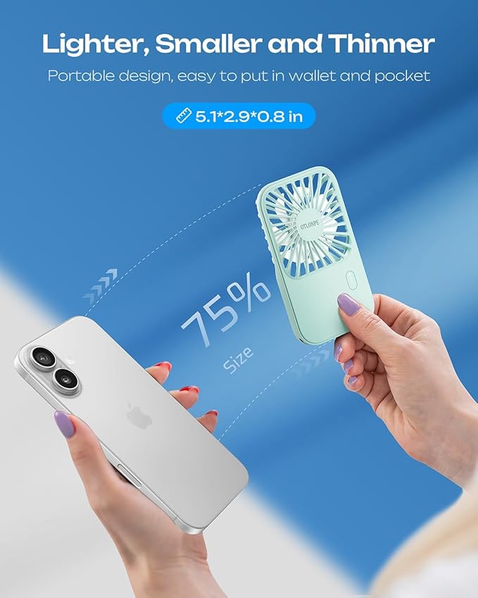 Otlonpe Rechargeable Mini Portable Handheld Fan, Small Personal Battery Powered Handheld Portable Fans for Hand Held Desktop Travel, Foldable Stand, Slim Cordless, Wrist Strap, 3-Speed (Teal)