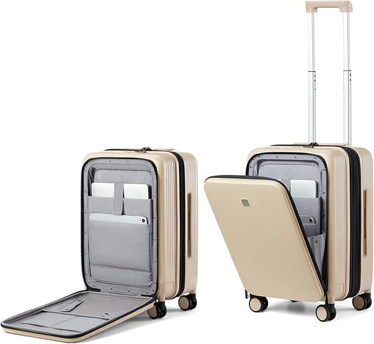 Hanke Grace Expandable Carry On Luggage with Wheels Airline Approved Hard Shell Suitcases with Front Pocket，Top Opening Luggage with TSA Lock for Short Business Travel, Cuban Sand.