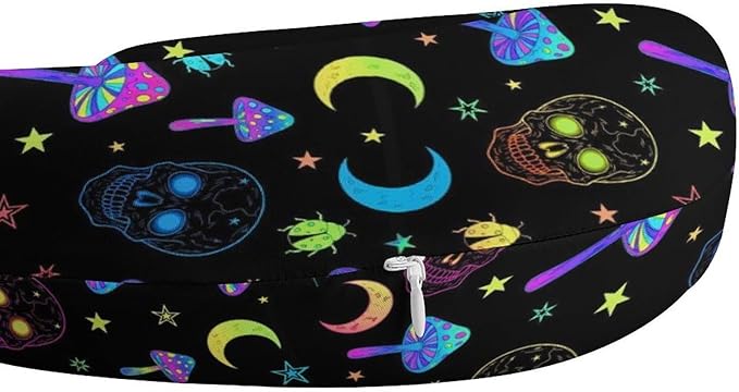 Pain Relief Travel Pillow Memory Foam Chin Support Goth Moon Mushrooms and Human Skulls, Breathable Washable Cover for Airplane Car Office