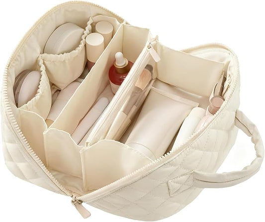 Amposei Makeup Bag Travel Toiletry Bag,Travel Makeup Bag for Women, Puffer Waterproof Cosmetic Organizer, Large Capacity Pouch Open Flat Small Toiletry Bag with Brush Compartment & Handle (White)