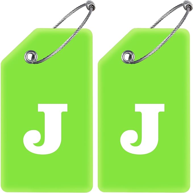 Gostwo 2 Pack Silicone Luggage Tags for Suitcases, 26 Initial Letter Baggage Labels Handbag School Bag Suitcase Instrument Tag with Stainless Steel Loop(Green)(Letter J)