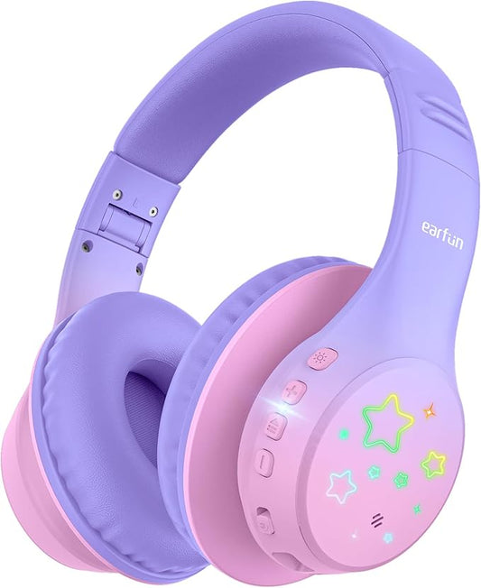 EarFun K4 Kids Bluetooth Headphones, Wireless Headphones with LED Lights, 74/85/94dBA Volume Limited, Built-in Mic, 90H Playtime, Bluetooth 5.4 Over Ear Headphone for iPad/Tablet/School, Violet