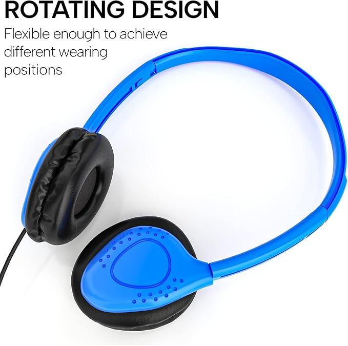 Maeline Bulk Classroom Student Headphones On Ear Stereo Headphones Adjustable Band & Faux Leather Cushions for Kids Online Learning, Library, School, Travel - 3.5mm Plug - 50 Pack - Multi Colors
