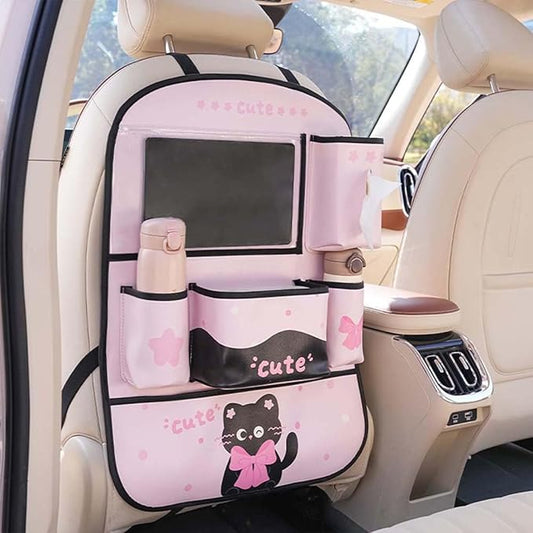 YUNZLAN Pink Black Backseat Car Organizer, Leather Kick Mats Back Seat Protector Organizer with Touch Screen Tablet Holder for Kids Travel Accessories