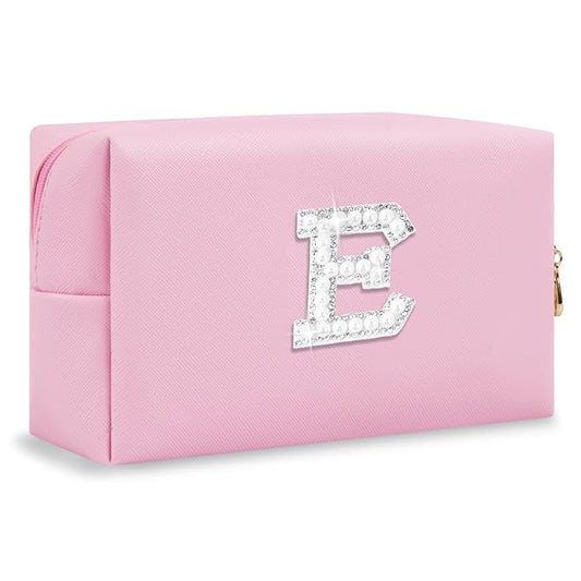 ChaoGreat Bride Gifts – Personalized Initial Makeup Bag with Pearl Rhinestone Patch, Preppy Pink Monogram Cosmetic/Toiletry Pouch, bridesmaid Gifts, Bridal Shower Gifts, Wedding Gifts, Bridal Gifts,E
