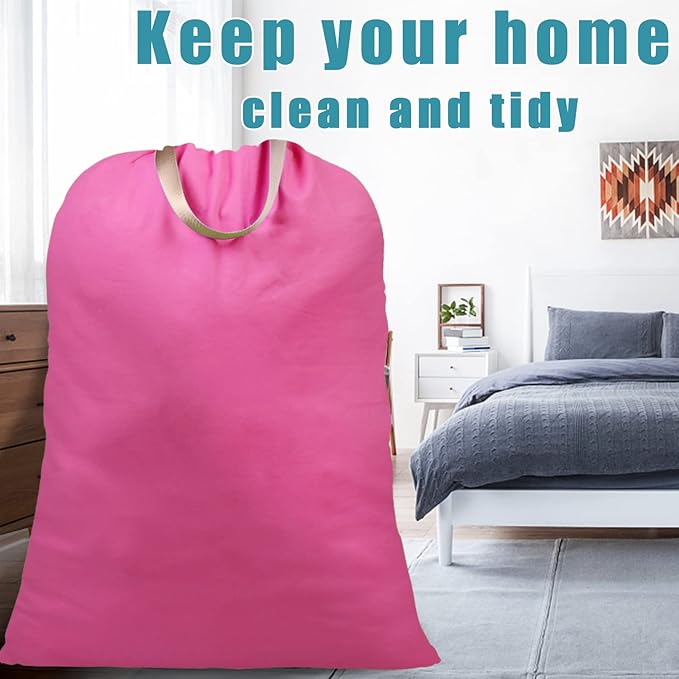 LOLOMLO Extra Large Canvas Laundry Bags with Handles & Drawstring Closure, Heavy Duty Tears Resistant Clothes Storage Travel Bags,25.5"x34",Hot Pink