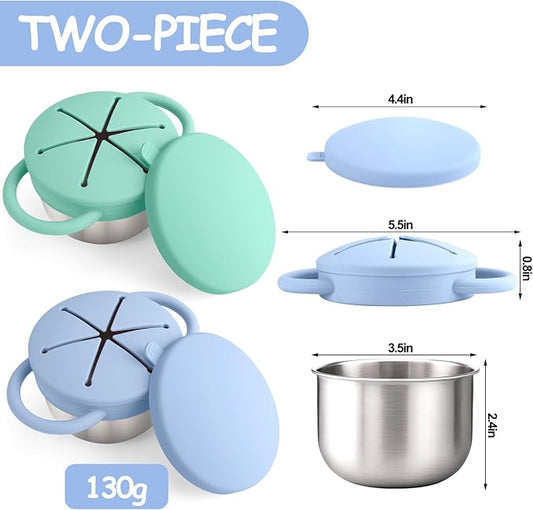 Mity rain 2-Pack Stainless Steel Snack Containers for Kids with Spill-Proof Silicone Lids & Handles - 3-in-1 Baby Snack Cups, No-Spill Toddler Snack Box, Perfect for On-the-Go Healthy Eating