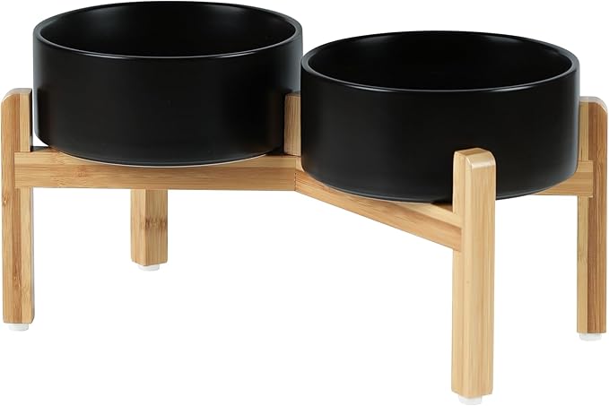 Ceramic Raised Double Bowls Set with Stand, Food & Water Bowls for Medium Breed Dogs, Weighted Dog Dishes, Pet Bowl(7.3'',41OZ, Black)
