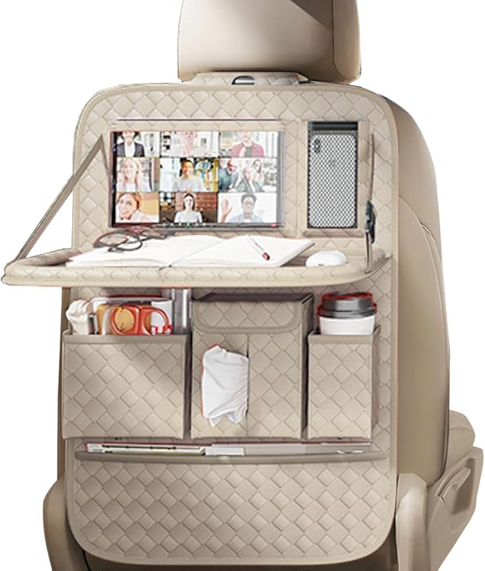 Car Seat Organizers,Multi-functional Back Seat Protectors, Storage Pouches, and Tray Holders (for Cars, Kids, Seat Back and Rear Seats) (Woven Beige, 1 Pcs)