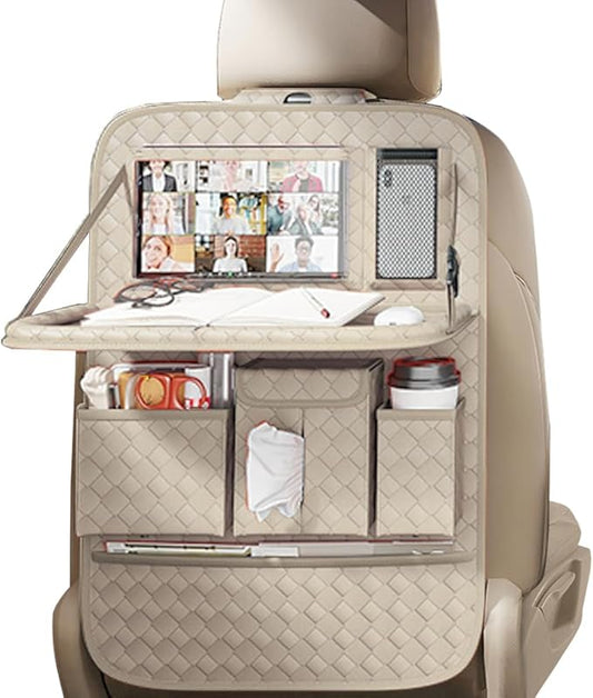 Car Seat Organizers,Multi-functional Back Seat Protectors, Storage Pouches, and Tray Holders (for Cars, Kids, Seat Back and Rear Seats) (Woven Beige, 1 Pcs)