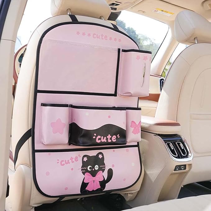 YUNZLAN Pink Black Backseat Car Organizer, Leather Kick Mats Back Seat Protector Organizer with Touch Screen Tablet Holder for Kids Travel Accessories