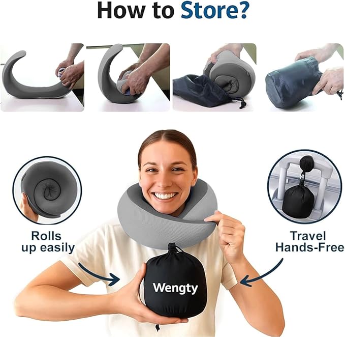 Neck Pillow for Traveling,Travel Neck Pillow for Airplanes,Portable,Smooth & Cooling Fabric,100% Pure Memory Foam,Neck Pain Relief with Breathable 360º Ergonomic Support for Long Flight(Gray)