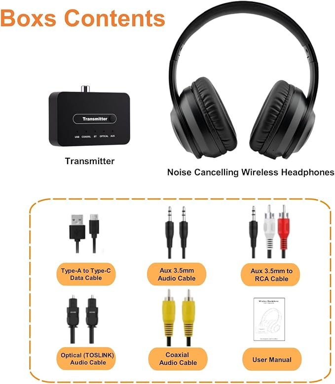 Hybrid Active Noise Cancelling Wireless TV Headphones for Seniors, ANC Headset with 5-in-1 Transmitter (Optical/Coaxial/RCA/USB/AUX), No Audio Latency, Clear Voice, Compatible with TV/PC