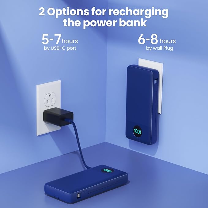 Portable Charger 33800mAh USB C Power Bank with Built-in Cables & AC Wall Plug,25W Fast Charging+QC 4.0 Phone Charger,4 Output Travel Essentials Battery Pack for iPhone16/15/14/13,Samsung,Android etc