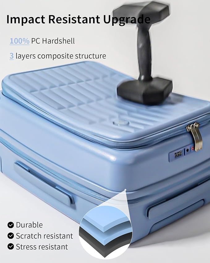 aji Expandable Top Open 24 Inch Checked Luggage with Spinner Wheels, Large Suitcase with TSA Lock, Hardside Travel Luggage Suitcases for Men Women, for 14+Days Travel, Blueberry Blue