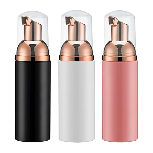 2oz Foam Pump Bottle (3PCS) Empty Travel Foaming Dispenser for Hand Soap, Lash Cleanser, Shampoo (60ml, Rose Gold &Black,White,Pink