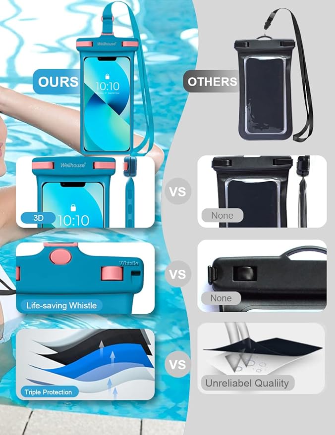 wellhouse Waterproof Phone Pouch, Waterproof Phone Case for iPhone 16 15 14 13 12 Pro Max XS Samsung, IPX8 3D Cellphone Dry Bag Beach Essentials (1 Pack - Blue7.0, 7 inch)