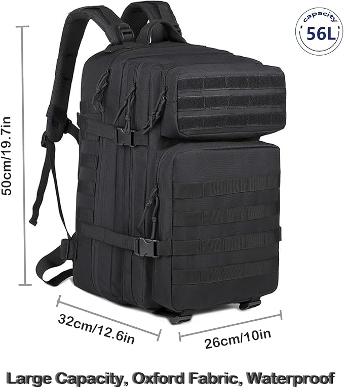 56L Tactical Backpack, Military Molle Backpack Army 3 Day, Waterproof Durable Hiking Rucksack for Men, 24H Outdoor Survival Bug Out Bag for Camping, Travel, Hunting, Black