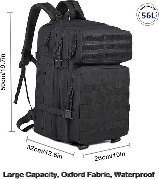 56L Tactical Backpack, Military Molle Backpack Army 3 Day, Waterproof Durable Hiking Rucksack for Men, 24H Outdoor Survival Bug Out Bag for Camping, Travel, Hunting, Black