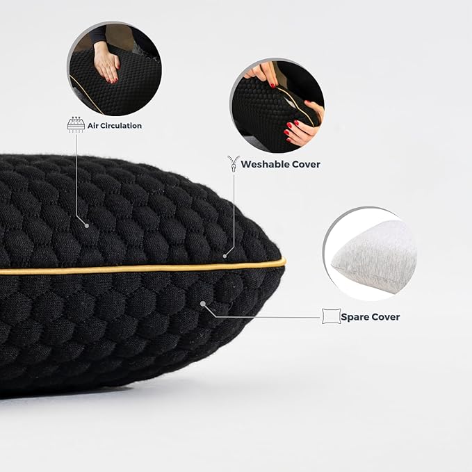 Memory Foam Travel Pillow with Washable Cover & Carry Bag – Compact, Soft & Breathable Neck Pillow for Airplane, Camping & Car (Black- with Extra Gray Cotton Cover, 15.7x9.8x3.9 inches)