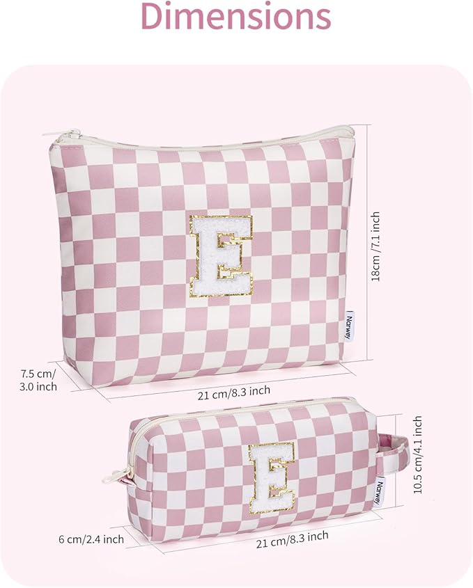 Narwey 2 Piece Personalized Initial Makeup Bag Checkered Cosmetic Bags, 6 8 10 11 12 13 14 16 18 Years Old Teen Girl Gifts Trendy Stuff Birthday Gifts for Women, Travel Toiletry Bag (Pink Letter E)