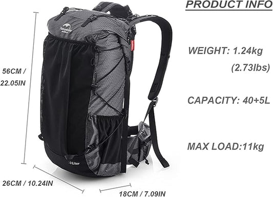 Naturehike Hiking Camping Backpack 45L/65L Lightweight Internal Frame with Rain Cover for Backpacking Outdoor Sports ((40+5) L Black, (40+5) L)
