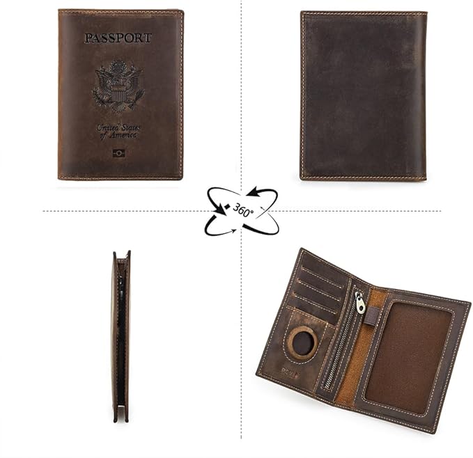 CONTACTS Full Grain Leather Airtag Passport Holder RFID Blocking Travel Passport Wallet Slim Passport Cover Case with 4 Card Slots, Coin Pocket with Badge