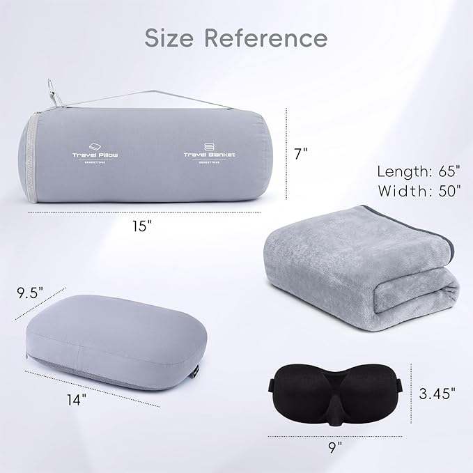 4-in-1 Travel Pillow & Blanket Set with Eye Mask, Memory Foam Neck Support, 50x65 Inch Blanket, Storage Bag for Airplane, Car, Train, Home Travel Grey