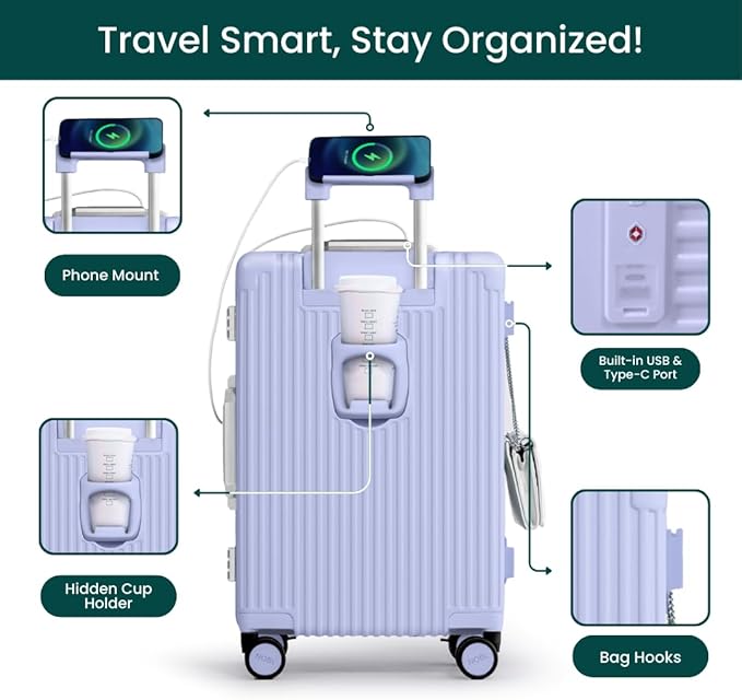 Nobl Travel Carry On Luggage, Noble Zipperless Aluminum Frame PC Hard Shell Suitcase, 20.8"x15"x8.7" Airline Approved, 360° Spinner Wheels, TSA Locks, USB Charging Port, Cup & Phone Holder - Lavender