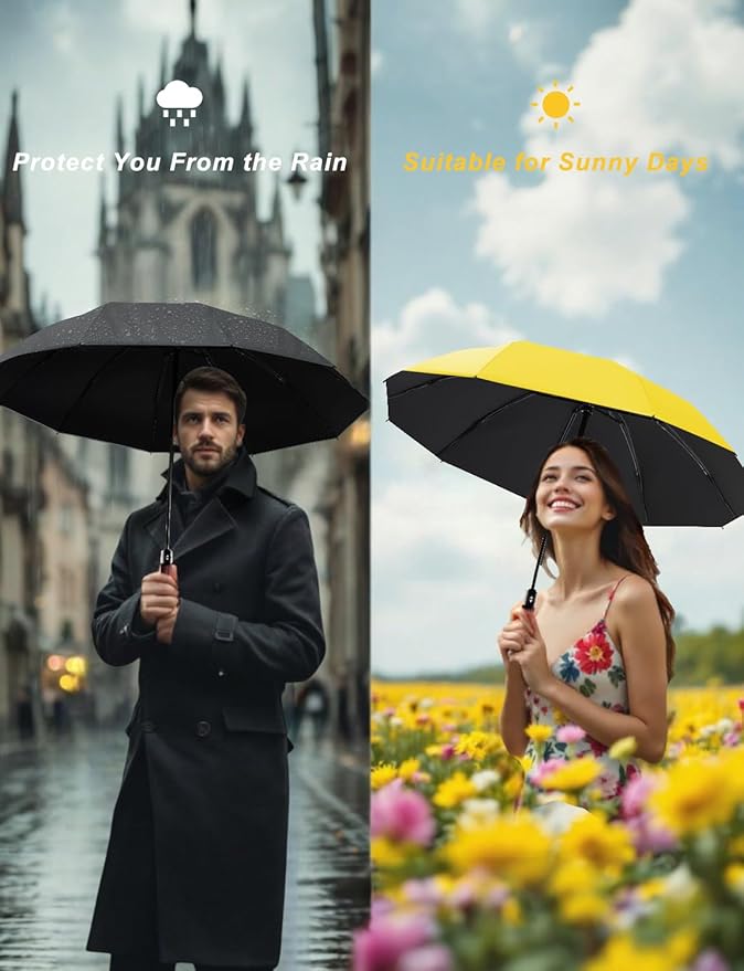 SoulRain 10 Ribs 46" Travel Sun & rain Automatic Reverse Umbrella, for Windproof Umbrella, Compact Parasol with 95% UV Protection for women and men