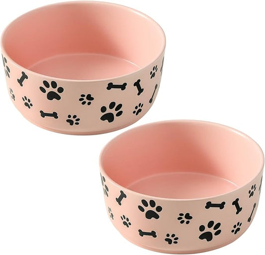 UBEE Ceramic Dog Bowl Set of 2, 6.5 inch Dog Food Bowl Dish with Bone Paw Pattern, Pet Food Water Dish Feeding for Small and Meidum Dogs and Large Cat, Pink
