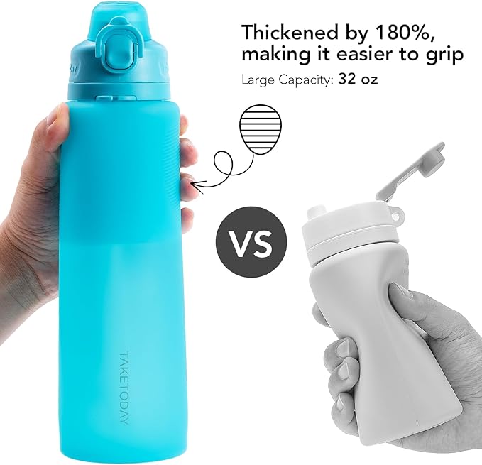 TakeToday Collapsible Water Bottles 32oz, Foldable Travel Water Bottle, BPA Free, Silicone Water Bottle Leakproof for Hiking, International Travel, Outdoors