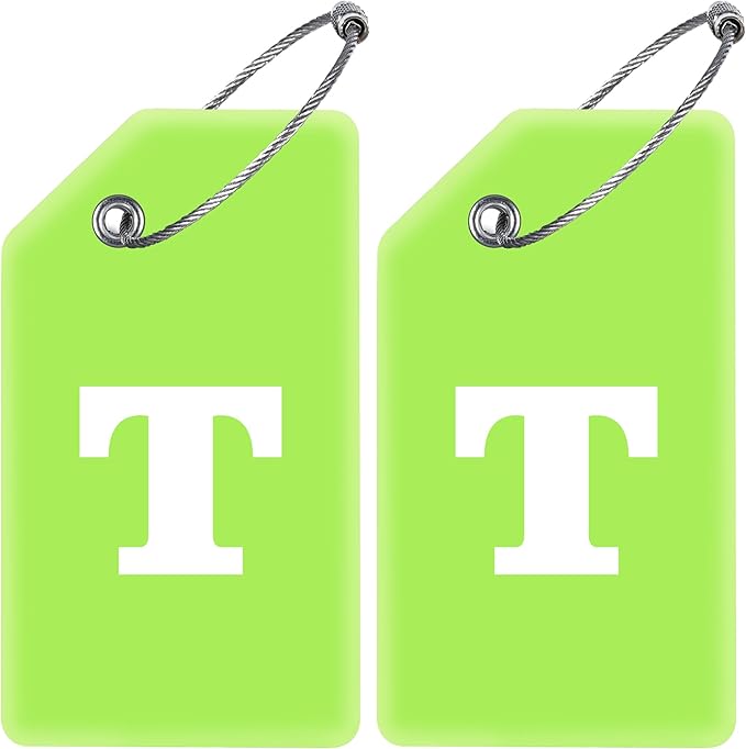Gostwo 2 Pack Silicone Luggage Tags for Suitcases, 26 Initial Letter Baggage Labels Handbag School Bag Suitcase Instrument Tag with Stainless Steel Loop(Green)(Letter T)