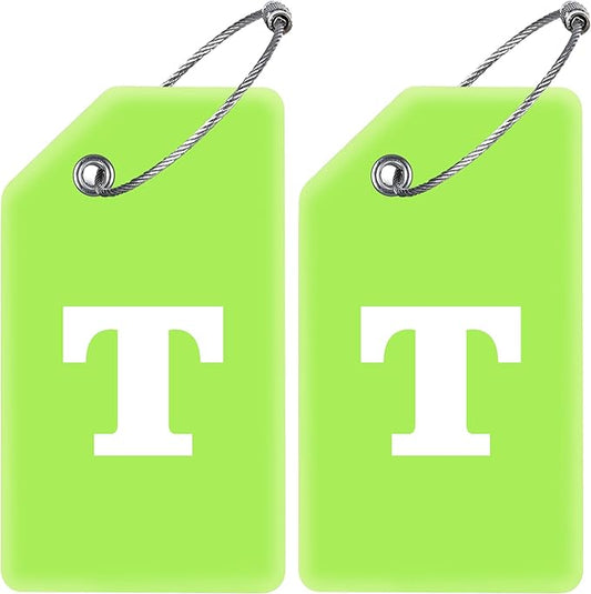 Gostwo 2 Pack Silicone Luggage Tags for Suitcases, 26 Initial Letter Baggage Labels Handbag School Bag Suitcase Instrument Tag with Stainless Steel Loop(Green)(Letter T)