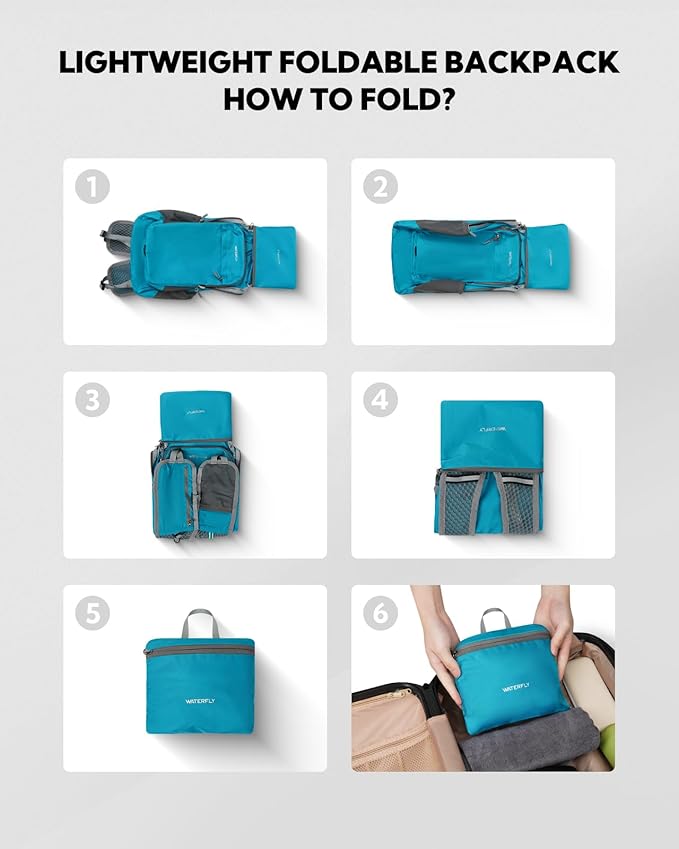 WATERFLY Packable Lightweight Small Backpack: 15L Foldable Mini Hiking Daypack - Ultralight Compact Day Pack for Women Men Outdoor Travel Camping Walking - Blue