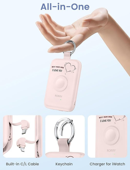 RORRY Portable Charger, 10000mAh PD 20W Fast Charging Portable Charger Power Bank with Built in Cables, Travel Battery Pack for iPhone 17/16/15/14/13/12 and Apple Watch Ultra/11/10/9/8/7/6/5, Mom-Pink