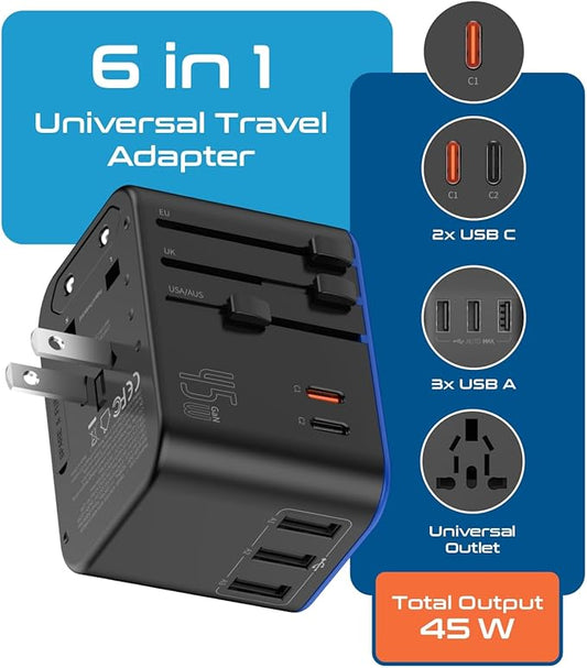 Ceptics Universal Travel Adapter, 45W International Power Adapter with PD & QC 3.0 Dual USB-C, 3 USB Travel Adapter Worldwide, Type I C G A Outlets 110V 220V A/C - EU Euro US UK (11-KU)
